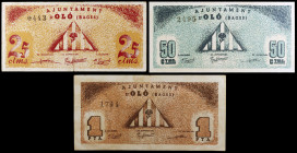 Oló. 25, 50 céntimos y 1 peseta. (T. 1940a, 1941b y 1942b). 3 billetes, todos los de la localidad. Escasos. MBC/EBC.