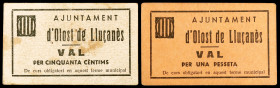 Olost de Lluçanès. 50 céntimos y 1 peseta. (T. 1944b y 1945). 2 cartones, serie completa. Raros. MBC/MBC+.