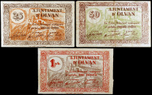 Olvan. 25, 50 céntimos y 1 peseta. (T. 1959b, 1960 y 1961). 3 billetes, todos los de la localidad. MBC-/EBC.