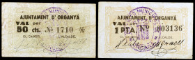 Organyà. 50 céntimos y 1 peseta. (T. 1969 y 1970b). 2 billetes, serie completa. Raros. MBC-/MBC.