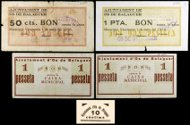 Os de Balaguer. 10, 50 céntimos y 1 peseta (tres). (T. 1977b, 1978b, 1980 y 1983a). 4 billetes y un cartón. Conjunto raro. BC+/EBC.
