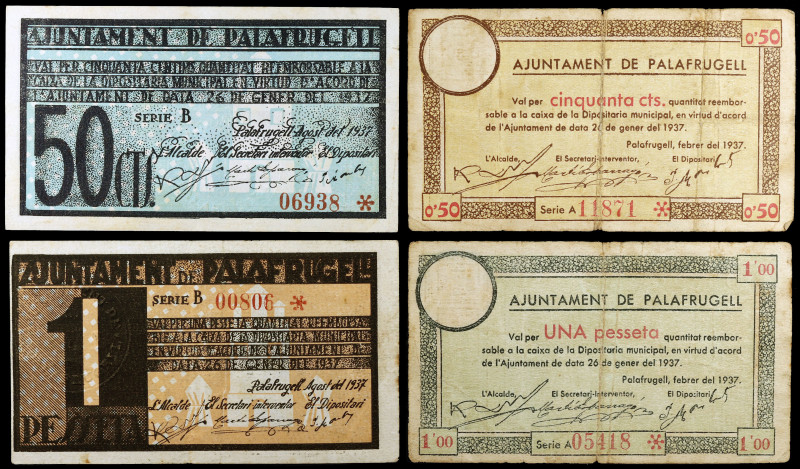 Palafrugell. 50 céntimos (dos) y 1 peseta (dos). (T. 1999 a 2002). 4 billetes, 2...
