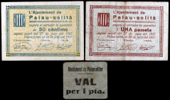Palau-Solità. 50 céntimos y 1 peseta (dos). (T. 2029, 2030 y 2031a). Un cartón (muy raro) y 2 billetes, todos los de la localidad. BC/MBC+.