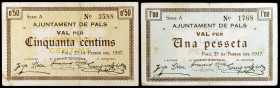 Pals. 50 céntimos y 1 peseta. (T. 2050 y 2051). 2 billetes, todos los de la localidad. Raros. MBC-/MBC.