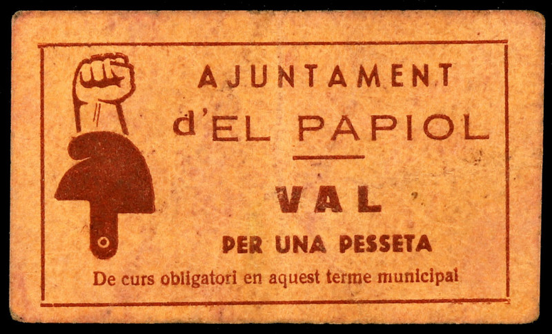 Papiol, el. 1 peseta. (T. 2052k). Cartón. Raro. MBC-.
