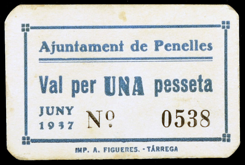 Penelles. 1 peseta. (T. 2083a). Cartón nº 0538. Raro. EBC-.