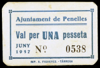 Penelles. 1 peseta. (T. 2083a). Cartón nº 0538. Raro. EBC-.