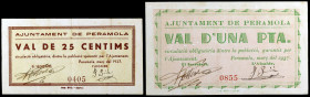 Peramola. 25 céntimos y 1 peseta. (T. 2094 y 2096). 2 billetes. Raros. MBC/EBC-.
