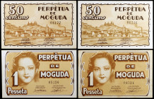 Perpètua de Moguda. 50 céntimos (dos) y 1 peseta (dos). (T. 2099, 2099a, 2100 y 2100a). 4 billetes, 2 series completas con y sin sello en seco. MBC/EB...