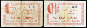 Piera. 50 céntimos y 1 peseta. (T. 2103 y 2104a). 2 billetes, todos los de la localidad. Raros. BC+/MBC-.