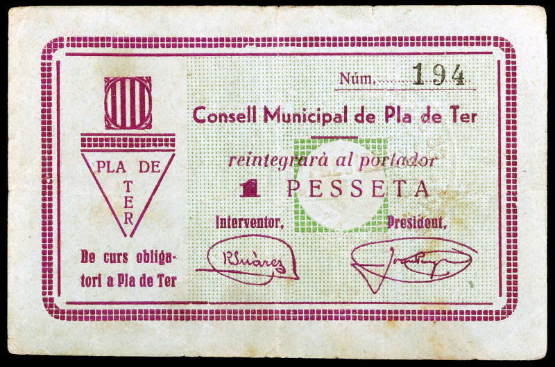 Pla de Ter, el. 1 peseta. (T. 2148). Único billete de la localidad, nº 194. Esca...