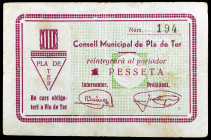 Pla de Ter, el. 1 peseta. (T. 2148). Único billete de la localidad, nº 194. Escaso. MBC-.