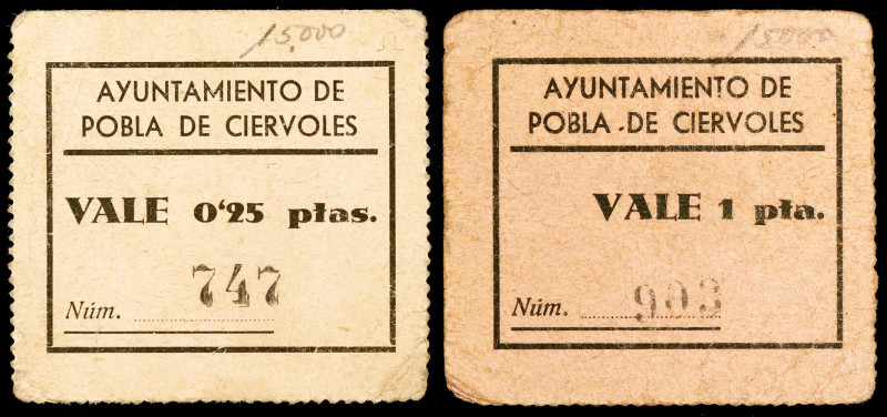 Pobla de Cérvoles, la. 25 céntimos y 1 peseta. (T. 2181 y 2183). 2 cartones. Rar...