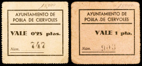 Pobla de Cérvoles, la. 25 céntimos y 1 peseta. (T. 2181 y 2183). 2 cartones. Rarísimos. MBC-.