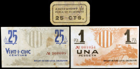 Pobla de Claramunt, la. 25 céntimos (dos) y 1 peseta. (T. 2189, 2190a y 2192). 2 billetes y un cartón, éste raro. El billetes de 25 céntimos nº 000008...