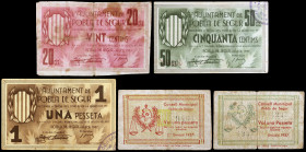 Pobla de Segur, la. 20, 50 céntimos y 1 peseta (tres). (T. 2215 a 2218 y 2219b). 3 billetes y 2 cartones. BC/MBC.