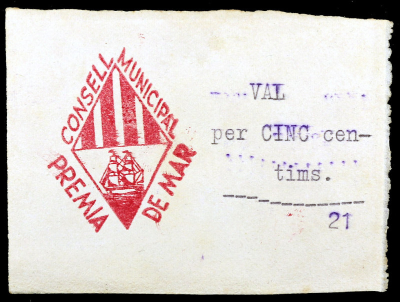 Premià de Mar. 5 céntimos. (T. 2316). Escrito a máquina, nº 21. No figuraba en l...