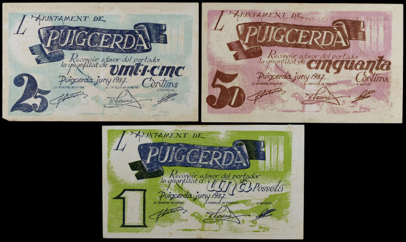 Puigcerdà. 25, 50 céntimos y 1 peseta. (T. 2336 a 2338). 3 billetes, todos los d...