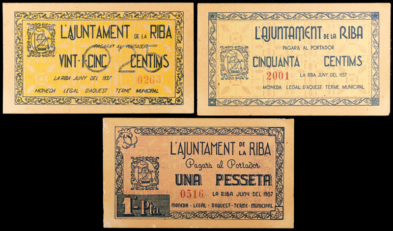 Riba, la. 25, 50 céntimos y 1 peseta. (T. 2423 a 2425). 3 billetes, serie comple...
