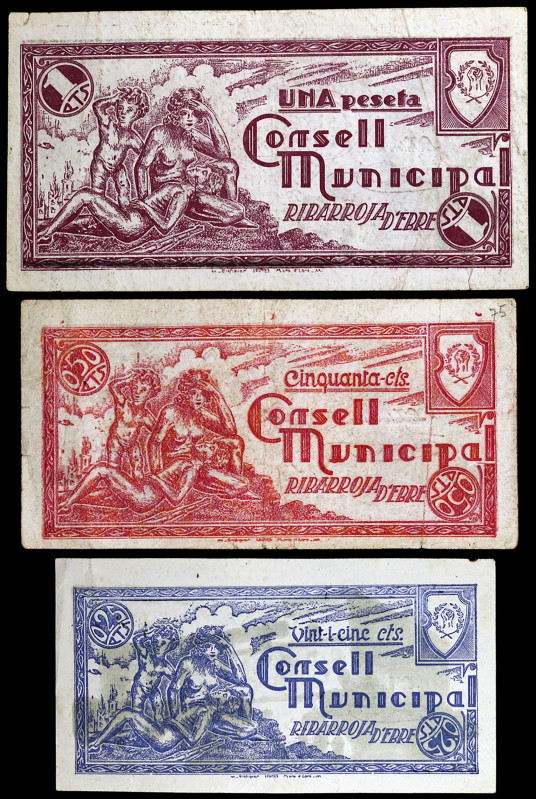 Riba-Roja d'Ebre. 25, 50 céntimos y 1 peseta. (T. 2431 a 2433). 3 billetes, seri...