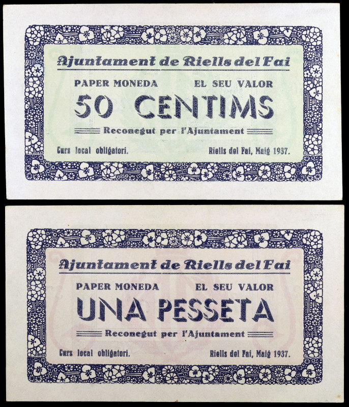 Riells del Fai. 50 céntimos y 1 peseta. (T. 2445 y 2446b). 2 billetes, todos los...