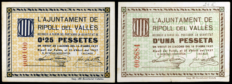 Ripoll del Vallès. 25 céntimos y 1 peseta. (T. 2473 y 2474). 2 billetes, el de 2...