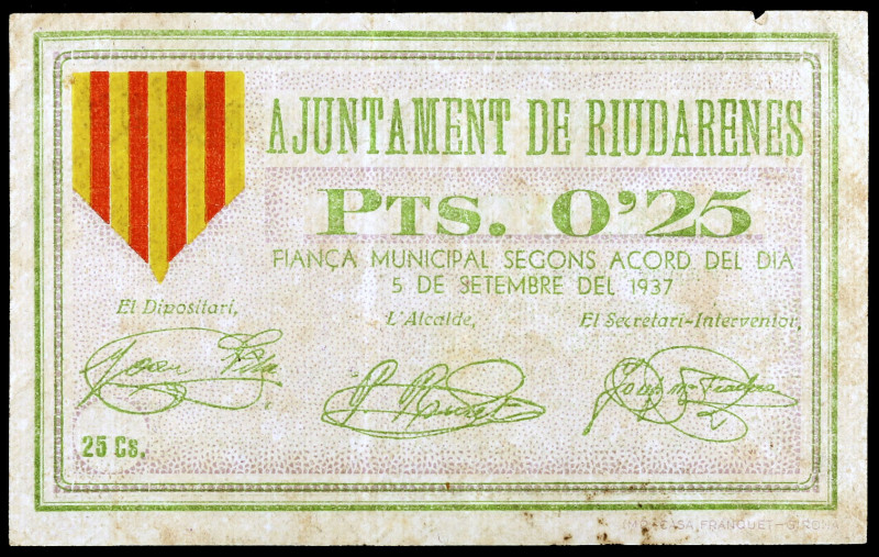 Riudarenes. 25 céntimos. (T. 2484). Nº 0331. Raro. BC+.