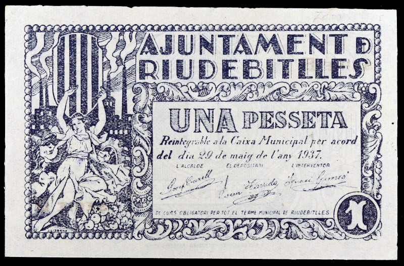 Riudebitlles. 1 peseta. (T. 2489). Raro. MBC+.