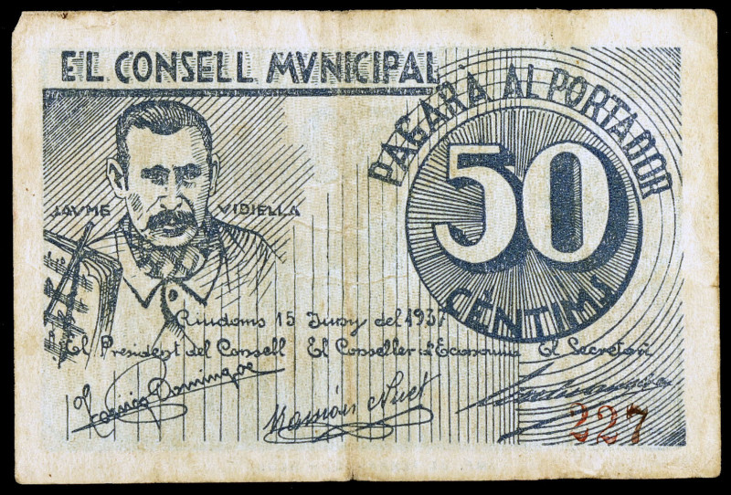 Riudoms. 50 céntimos. (T. 2507). Escaso. MBC-.