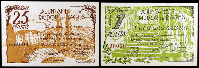 Riudor de Bages. 25 céntimos y 1 peseta. (T. 2509 y 2510). 2 billetes, serie com...