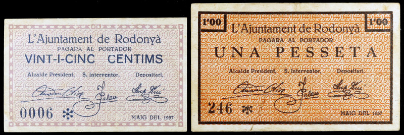 Rodonyà. 25 céntimos y 1 peseta. (T. 2532 y 2534). 2 billetes, nº 0006 y 246. Ra...