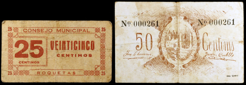 Roquetes. 25 y 50 céntimos. (T. 2544 y 2546). Un billete y un cartón, el de 50 c...