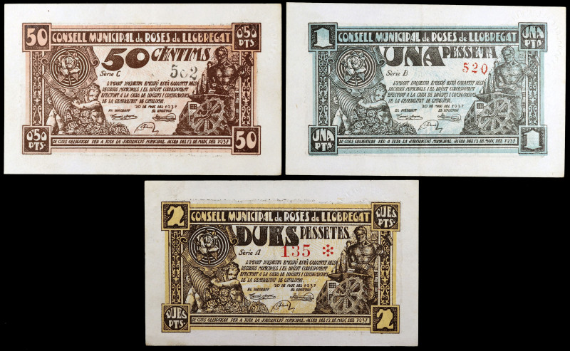 Roses de Llobregat. 50 céntimos, 1 y 2 pesetas. (T. 2559, 2560 y 2561). 3 billet...