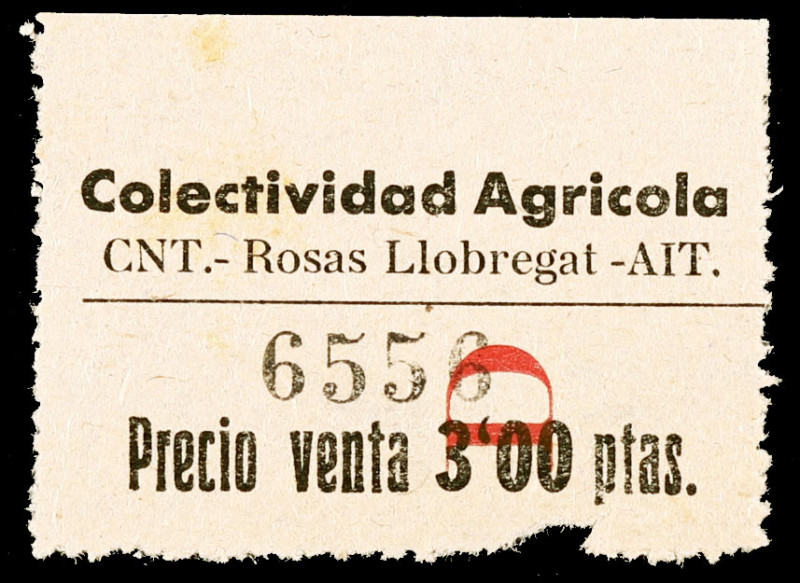 Roses de Llobregat. Colectividad Agrícola. CNT-AIT. Vale por 3 pesetas. (AL. fal...