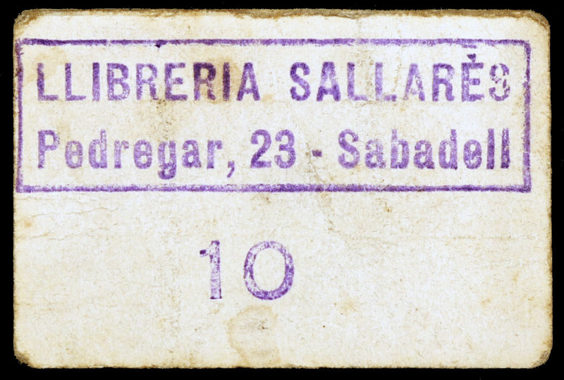 Sabadell. Librería Sallarès. 10 (¿céntimos?). (AL. falta). Cartón. Raro. MBC-....