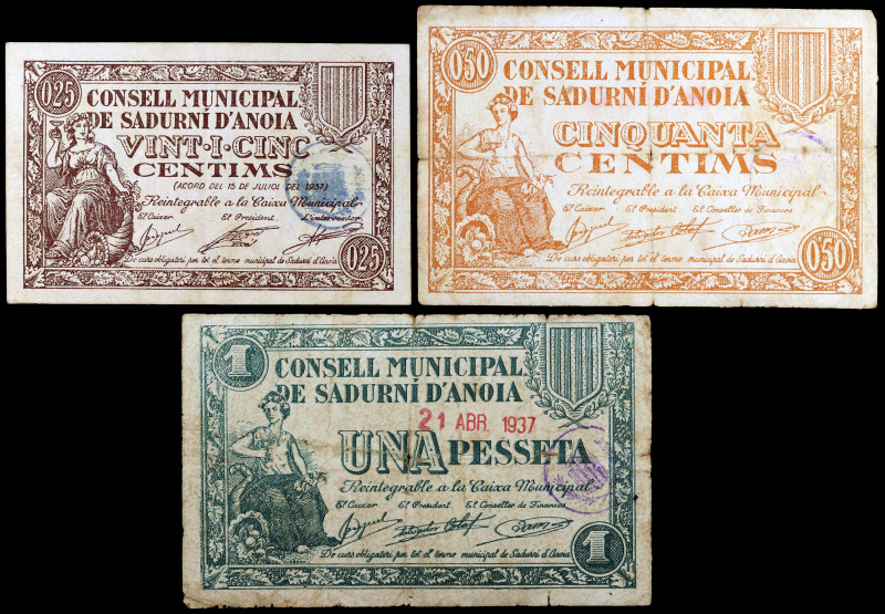 Sadurní d'Anoia. 25, 50 céntimos y 1 peseta. (T. 2578, 2580a y 2583b). 3 billete...
