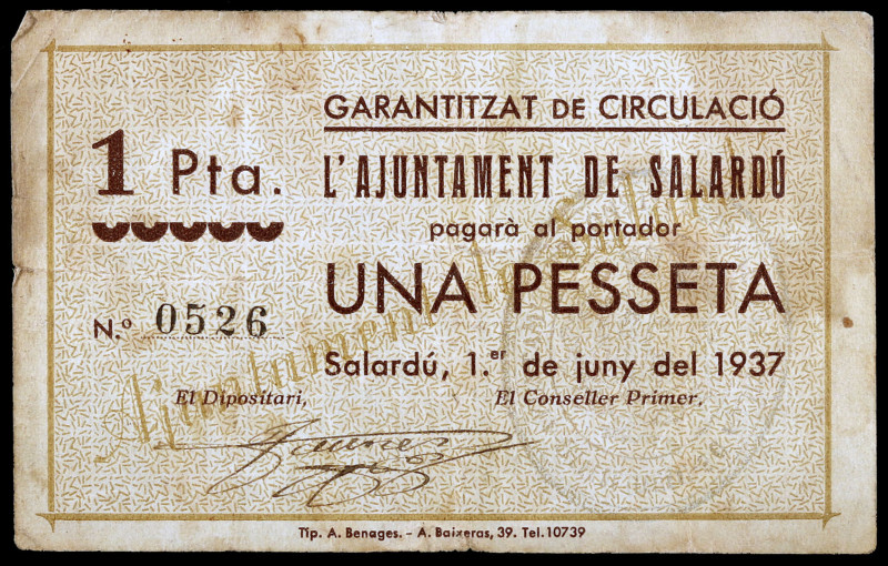 Salardú. 1 peseta. (T. 2588). Único billete de la localidad. Raro. BC+.
