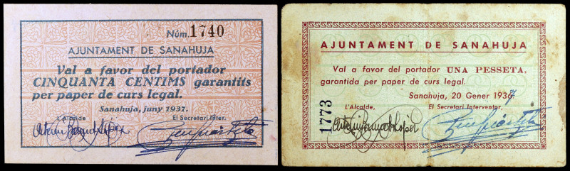 Sanahuja. 50 céntimos y 1 peseta. (T. 2609b y 2610). 2 cartones. Muy raros. BC+/...
