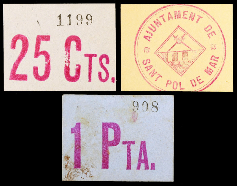 Sant Pol de Mar. 25, 50 céntimos y 1 peseta. (T. 2622 a 2624). 3 cartones. Raros...