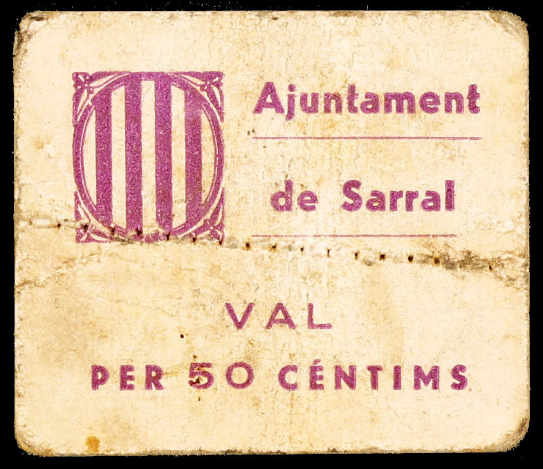Sarral. 50 céntimos. (T. 2640a). Cartón. Raro. BC.