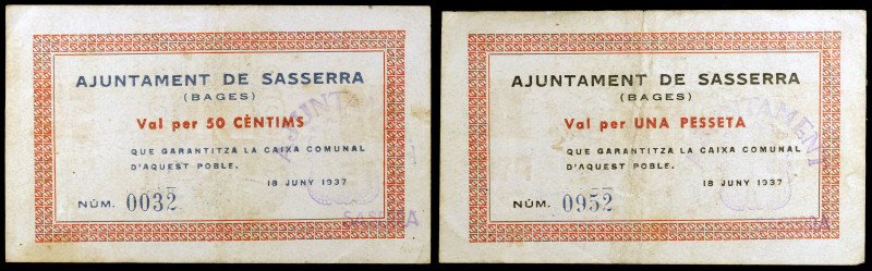 Saserra de Bages. 50 céntimos y 1 peseta. (T. 2664 y 2665). 2 billetes, serie co...