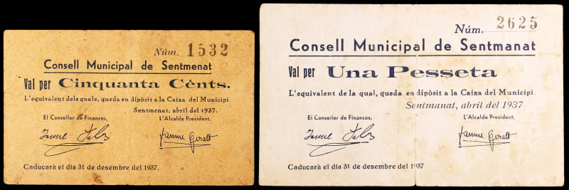 Sentmenat. 50 céntimos y 1 peseta. (T. 2708c var y 2709). 2 billetes, serie comp...