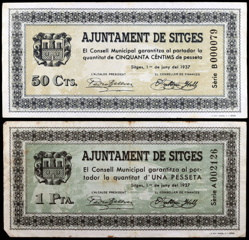 Sitges. 50 céntimos y 1 peseta. (T. 2758 y 2759). 2 billetes, serie completa. El...