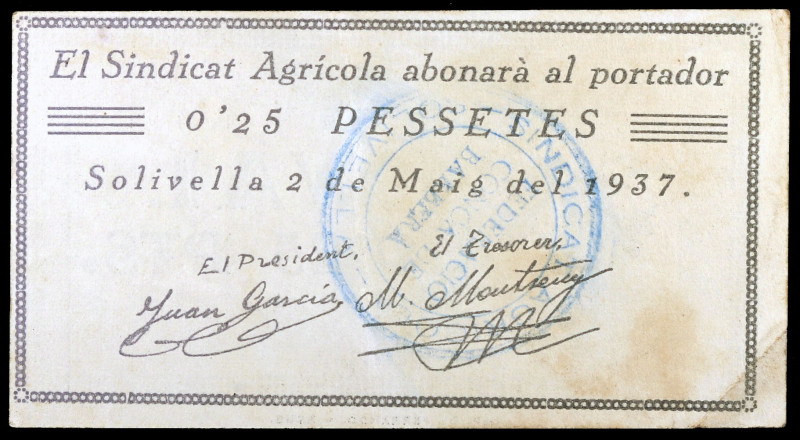 Solivella. Sindicat Agrícola. 25 céntimos. (T. 2775). Raro. MBC+.