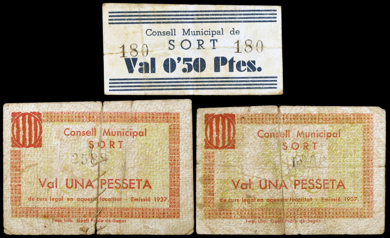 Sort. 50 céntimos y 1 peseta (dos). (T. 2784 (dos) y 2786). 3 cartones, uno cosi...