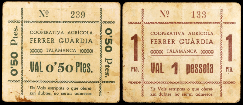 Talamanca. Cooperativa agrícola Ferrer Guardia. 50 céntimos y 1 peseta. (T. 2820...