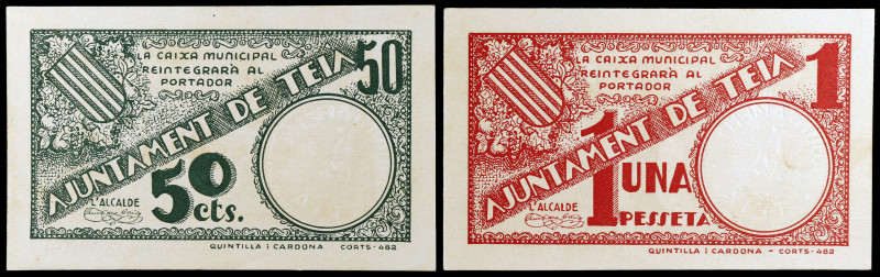 Teià. 50 céntimos y 1 peseta. (T. 2840 y 2841). 2 billetes, todos los de la loca...