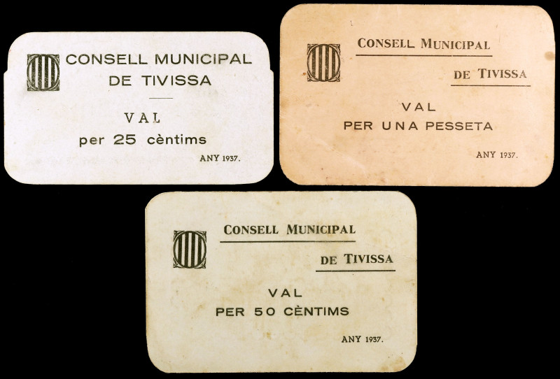 Tivissa. 25, 50 céntimos y 1 peseta. (T. 2889a, 2890 y 2891). 3 cartones, serie ...