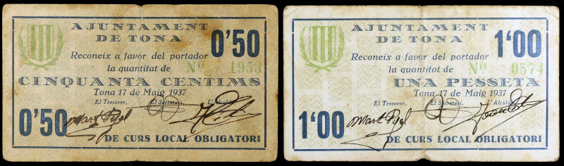 Tona. 50 céntimos y 1 peseta. (T. 2894b y 2895). 2 cartones, todos los de la loc...