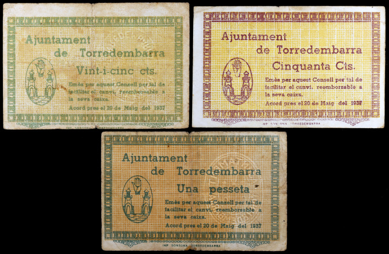 Torredembarra. 25, 50 céntimos y 1 peseta. (T. 2953, 2954 y 2955). 3 billetes, t...
